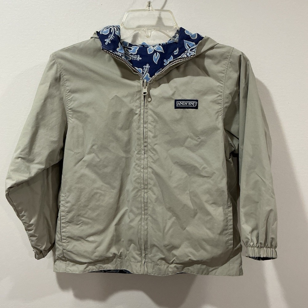 Vintage Youth Lands End Reversible Hooded Jacket Size Small Tropical Neutral